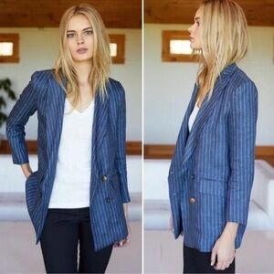 Emerson Fry Double Breasted Jacket Pinstripe Blazer Linen Blue 2